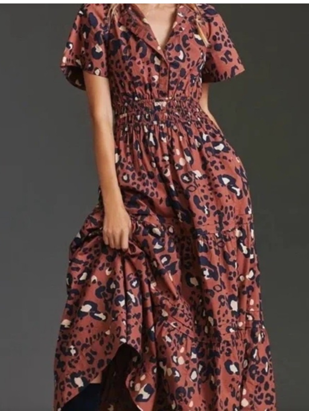 Anthropologie Maeve somerset Rust Leopard-Print Smocked-Waist Dress Flowy girly